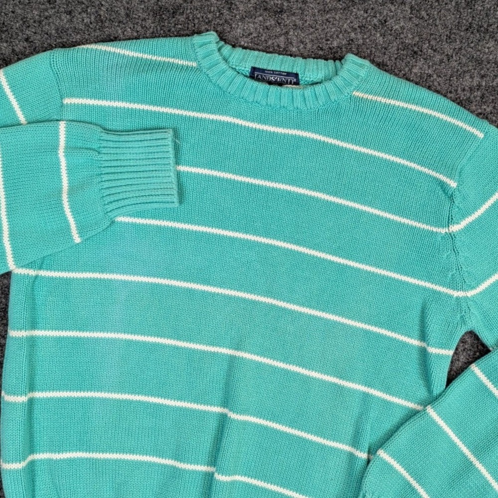 VTG Lands End Mens M Teal Green White Striped Cotton Crewneck Shaker Sweater